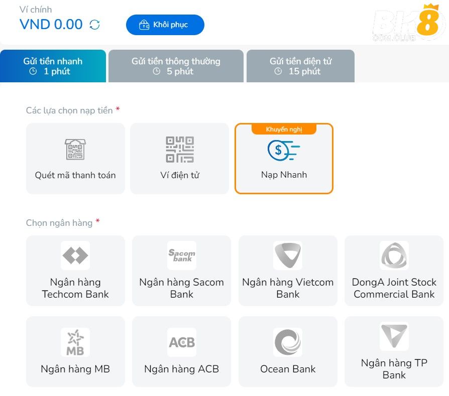 Cách nạp nhanh tại BK8 